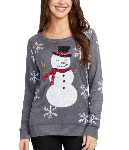 Women's Grey Christmas Sweater with Snowman Motif and Sequined Snowflake Sleeves