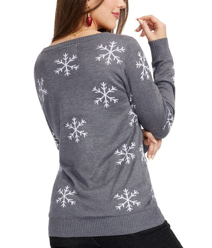 Women's Grey Christmas Sweater with Snowman Motif and Sequined Snowflake Sleeves