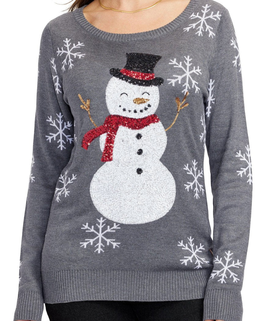 Women's Grey Christmas Sweater with Snowman Motif and Sequined Snowflake Sleeves