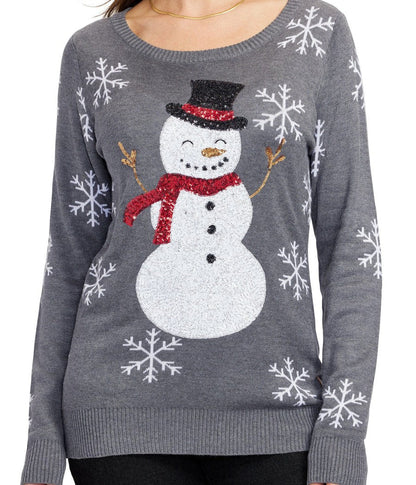 Women's Grey Christmas Sweater with Snowman Motif and Sequined Snowflake Sleeves