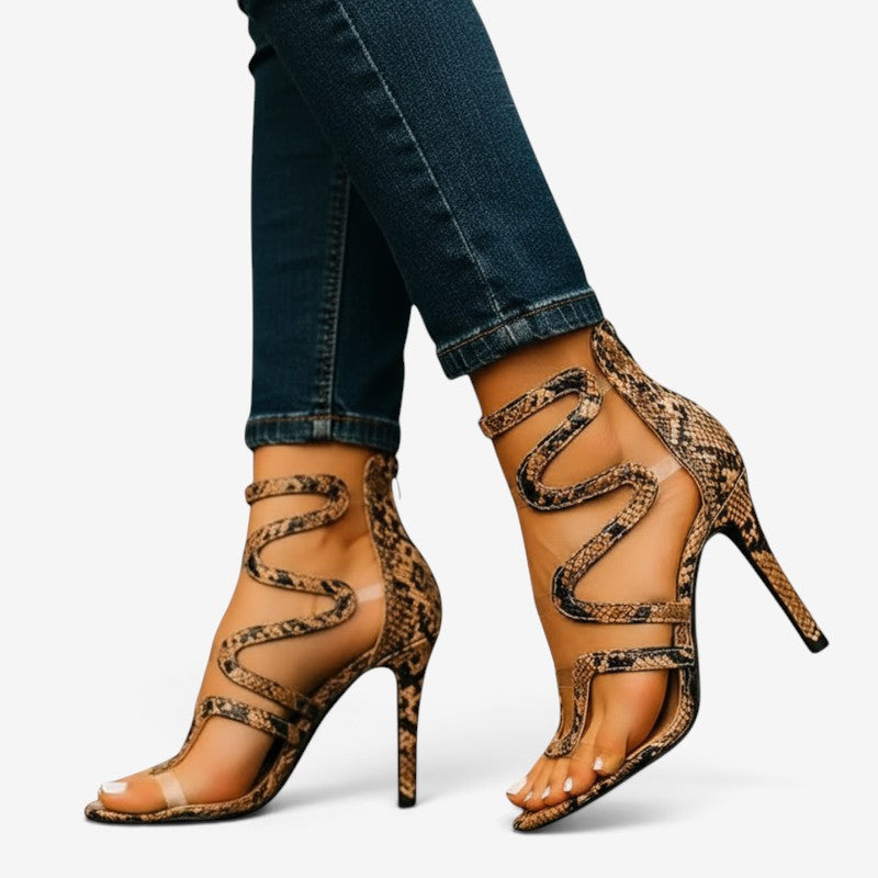 Women's High Heel Strappy Snake Print Sandals