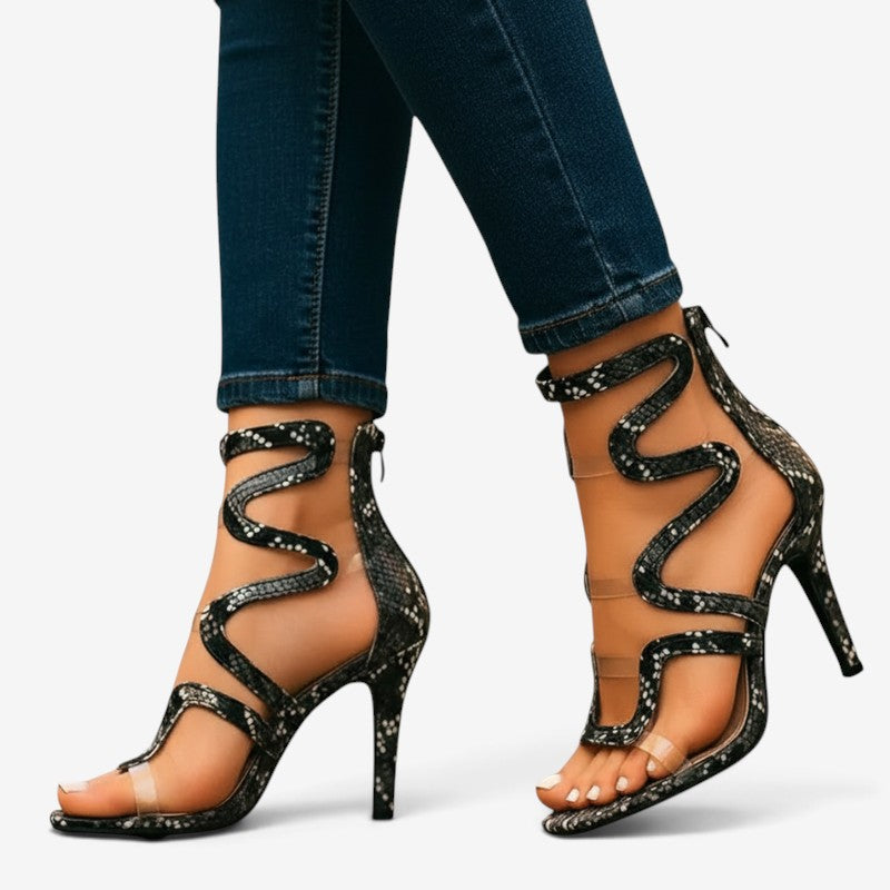 Women's High Heel Strappy Snake Print Sandals