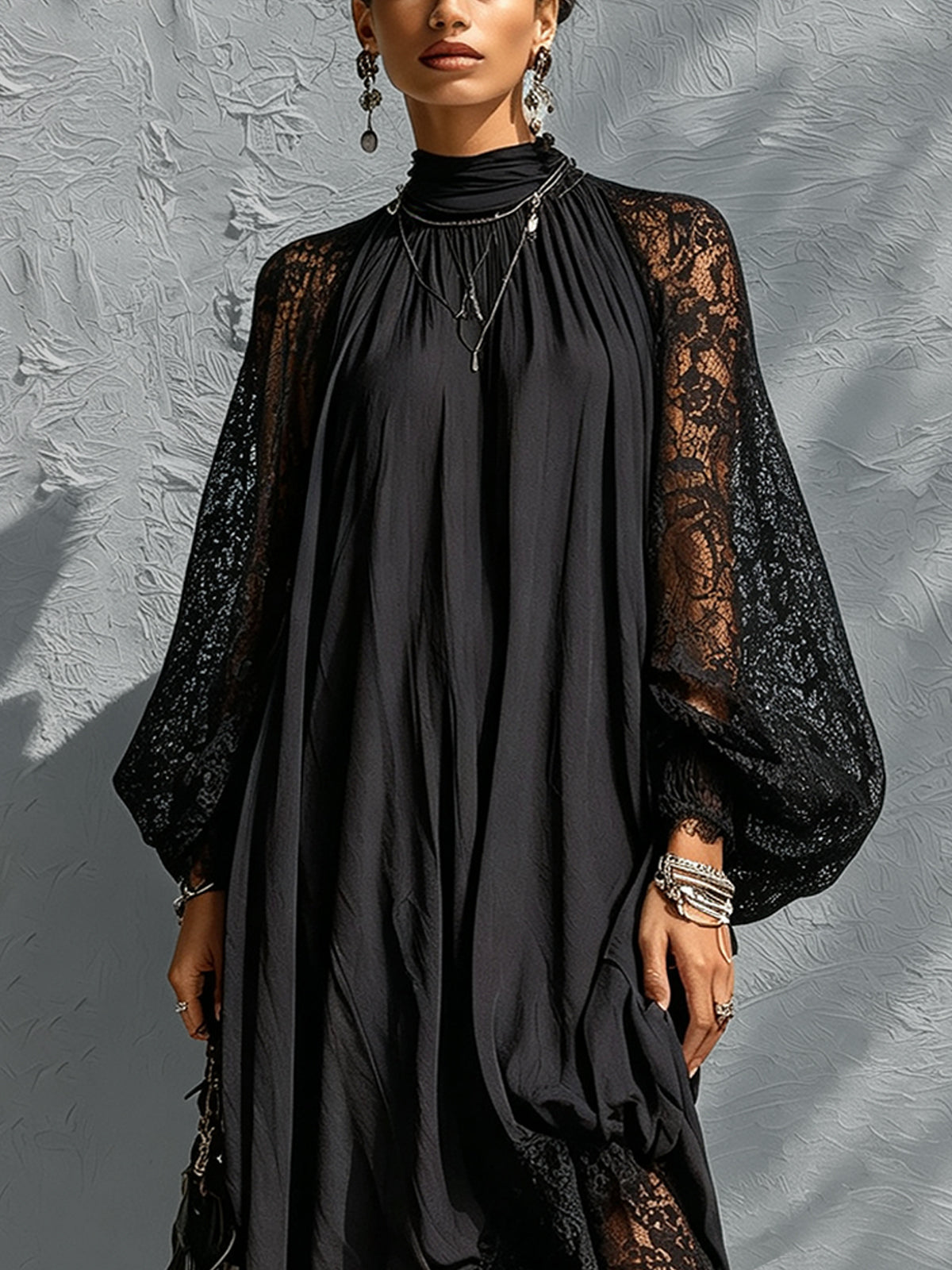 Women's High-Neck Black Maxi Dress with Lace Sleeves