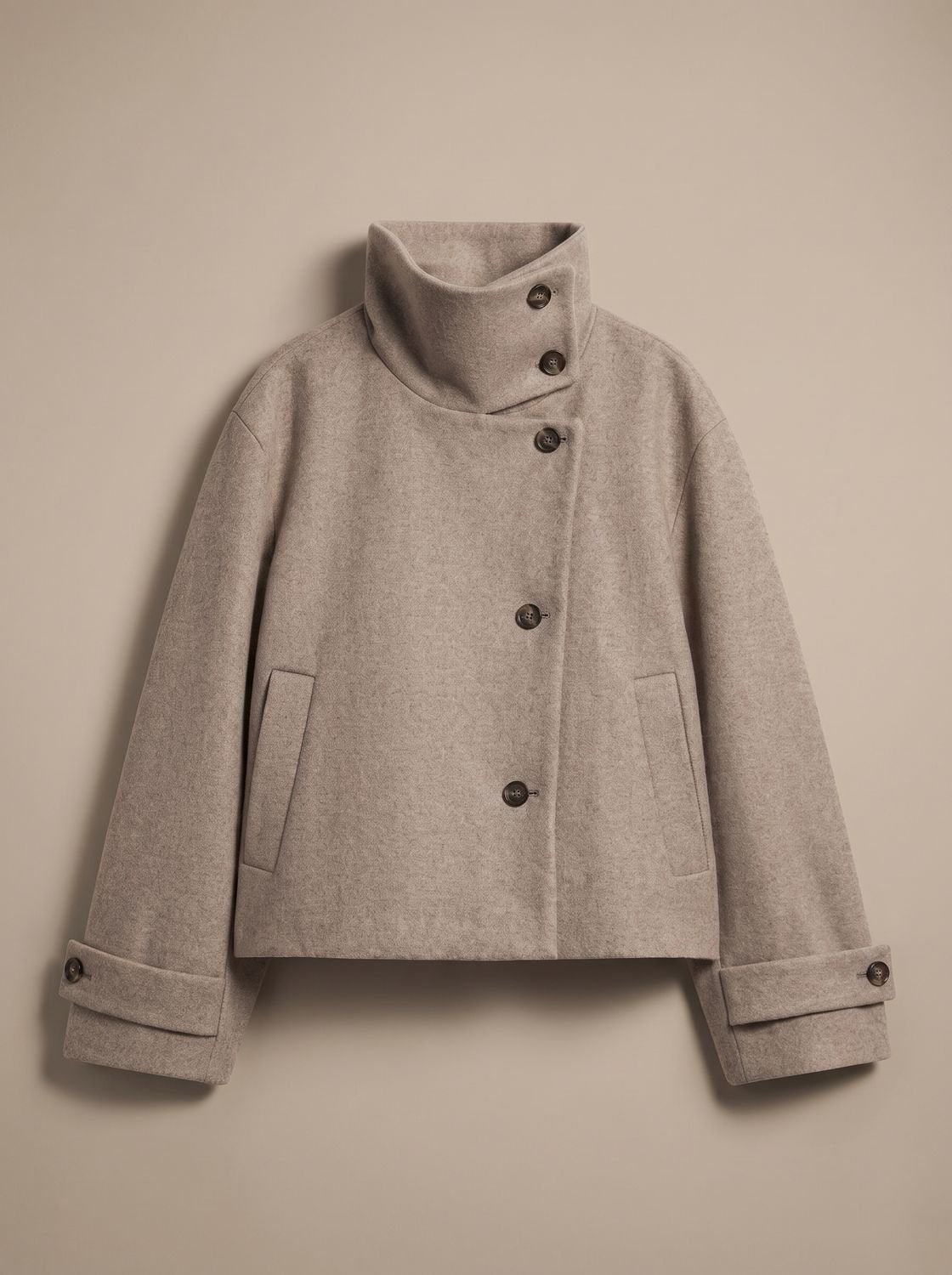 Women's High-Neck Stand Collar Button-Front Wool Blend Short Coat