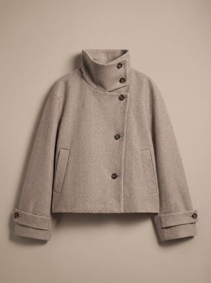 Women's High-Neck Stand Collar Button-Front Wool Blend Short Coat