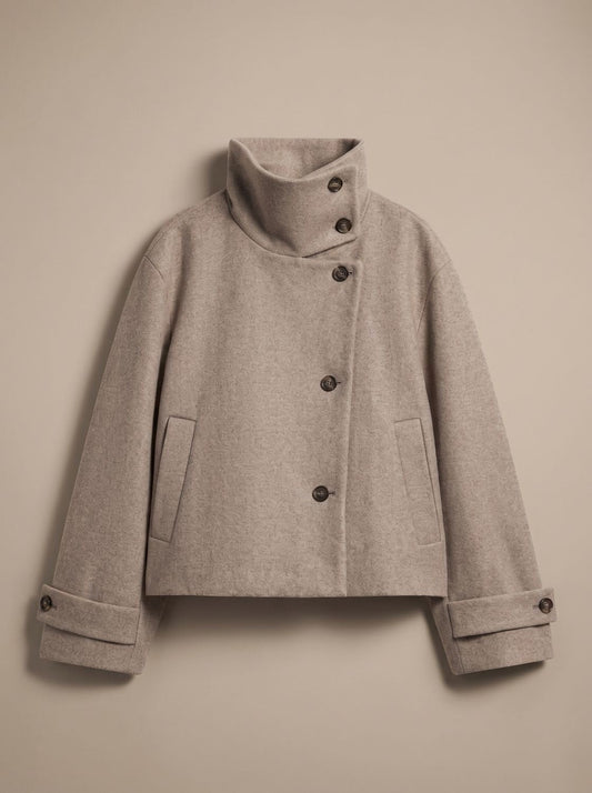 Women's High-Neck Stand Collar Button-Front Wool Blend Short Coat