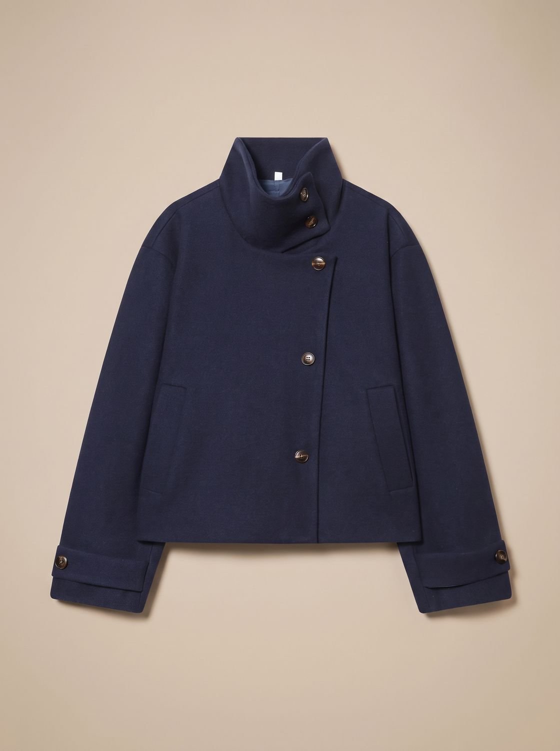 Women's High-Neck Stand Collar Button-Front Wool Blend Short Coat