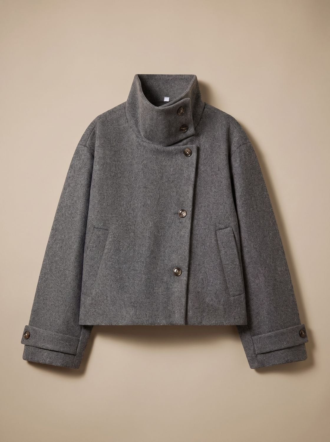 Women's High-Neck Stand Collar Button-Front Wool Blend Short Coat