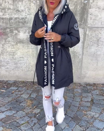 Women's Hooded Drawstring Relaxed-Fit Mid-Length Coat
