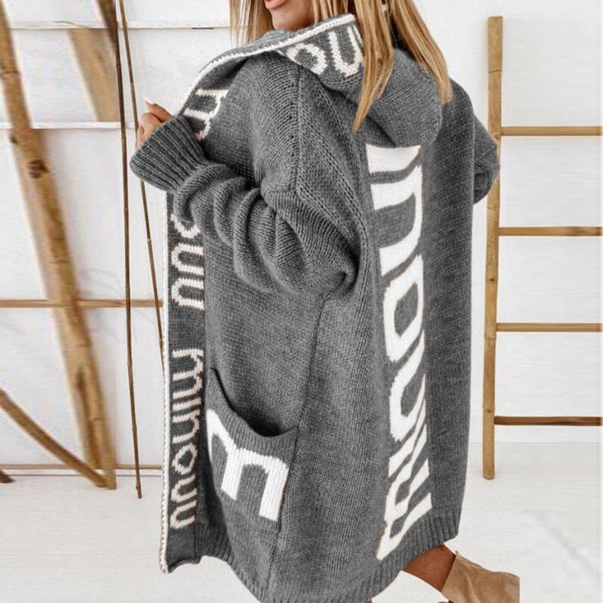Women's Hooded Open-Front Letter-Knit Cardigan Sweater