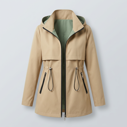 Women's Hooded Trench Jacket with Contrast Lining and Zipper Pockets