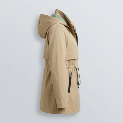 Women's Hooded Trench Jacket with Contrast Lining and Zipper Pockets