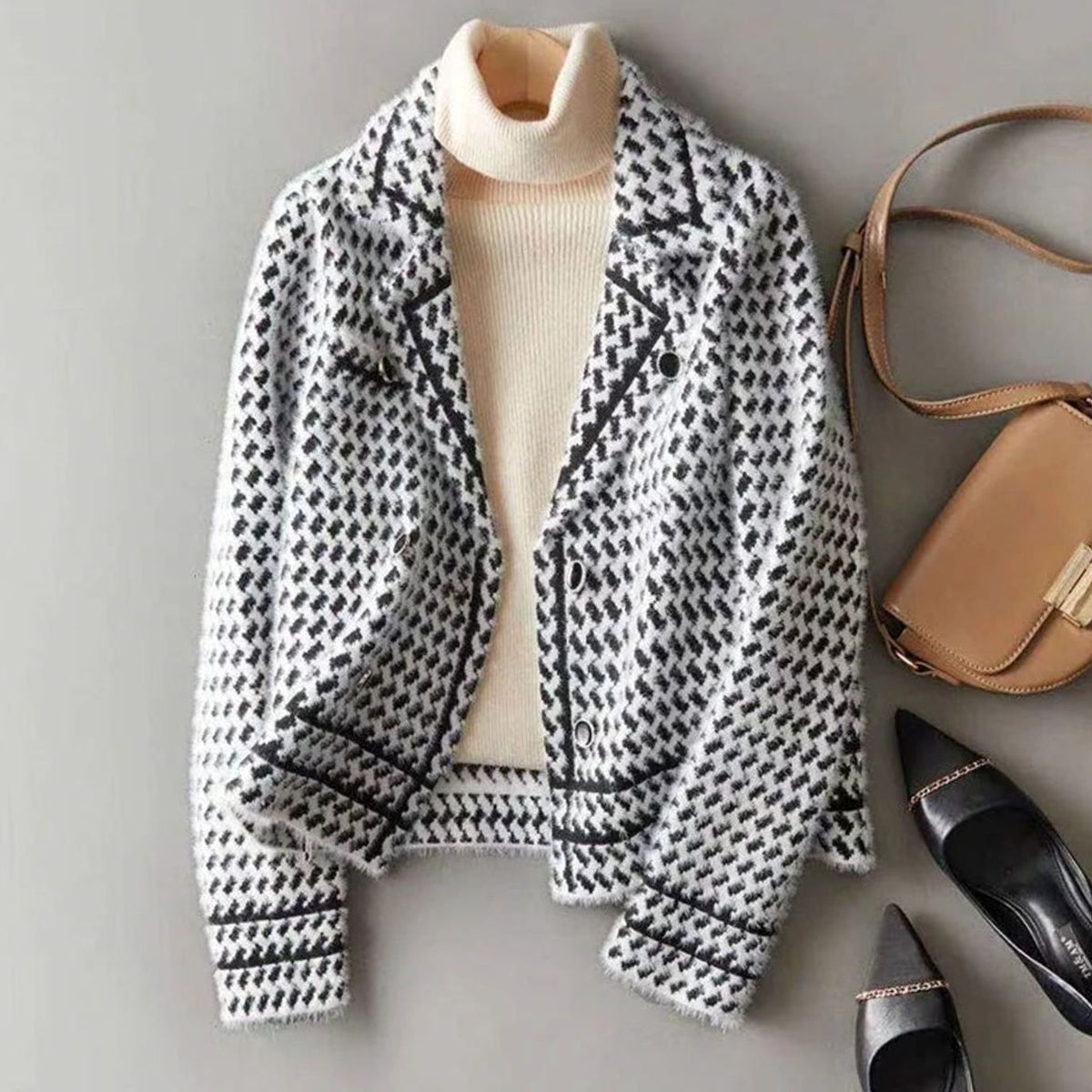 Women's Houndstooth Wool-Cashmere Button-Up Cardigan Jacket