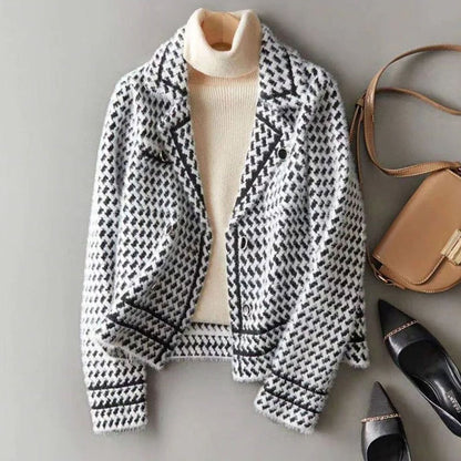 Women's Houndstooth Wool-Cashmere Button-Up Cardigan Jacket