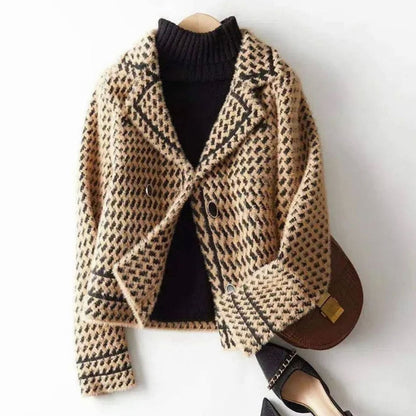 Women's Houndstooth Wool-Cashmere Button-Up Cardigan Jacket