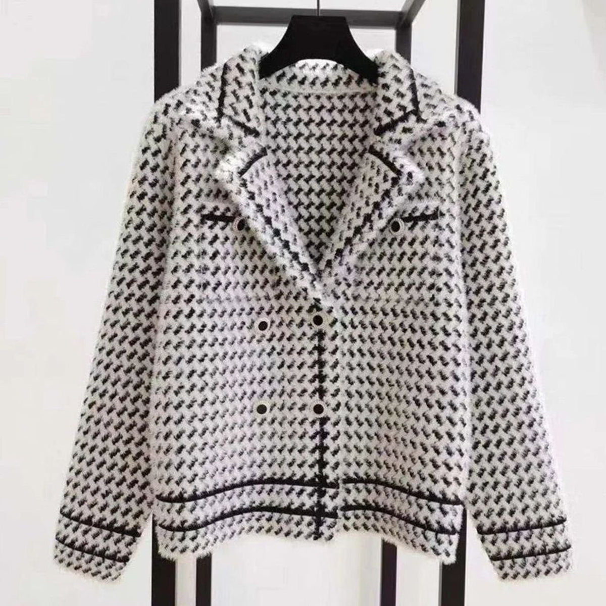 Women's Houndstooth Wool-Cashmere Button-Up Cardigan Jacket