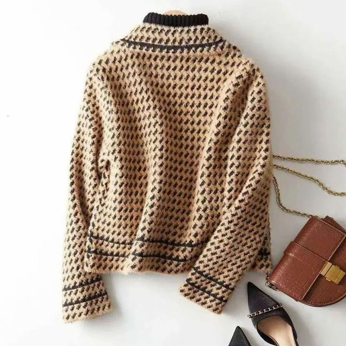 Women's Houndstooth Wool-Cashmere Button-Up Cardigan Jacket