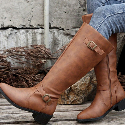 Women's Knee-High Riding Boots with Low Heel, Buckle and Zip