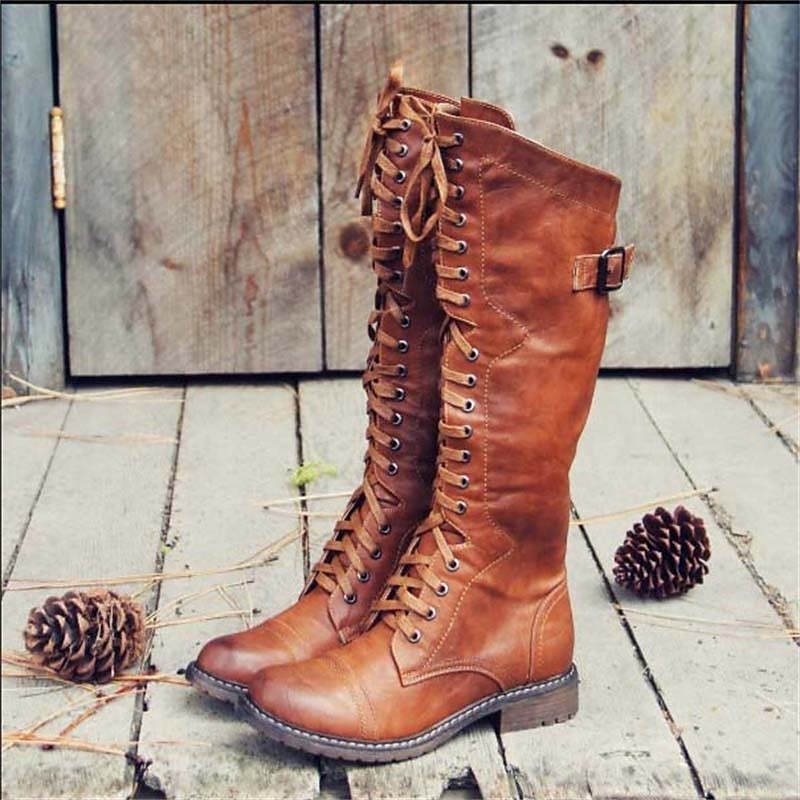 Women's Knee-High Riding-Style Lace-Up Boots - Elegant Leather Boots with Heel & Zipper
