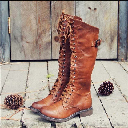 Women's Knee-High Riding-Style Lace-Up Boots - Elegant Leather Boots with Heel & Zipper