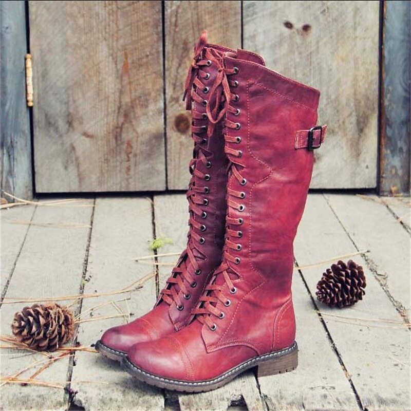 Women's Knee-High Riding-Style Lace-Up Boots - Elegant Leather Boots with Heel & Zipper