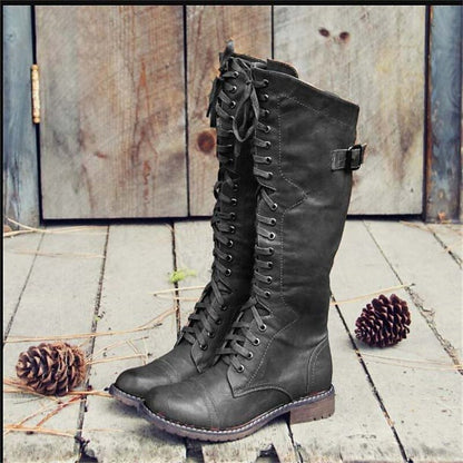 Women's Knee-High Riding-Style Lace-Up Boots - Elegant Leather Boots with Heel & Zipper