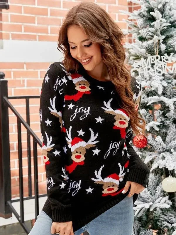 Women's Knit Animal Pattern Sweater – Crew Neck, Winter Style