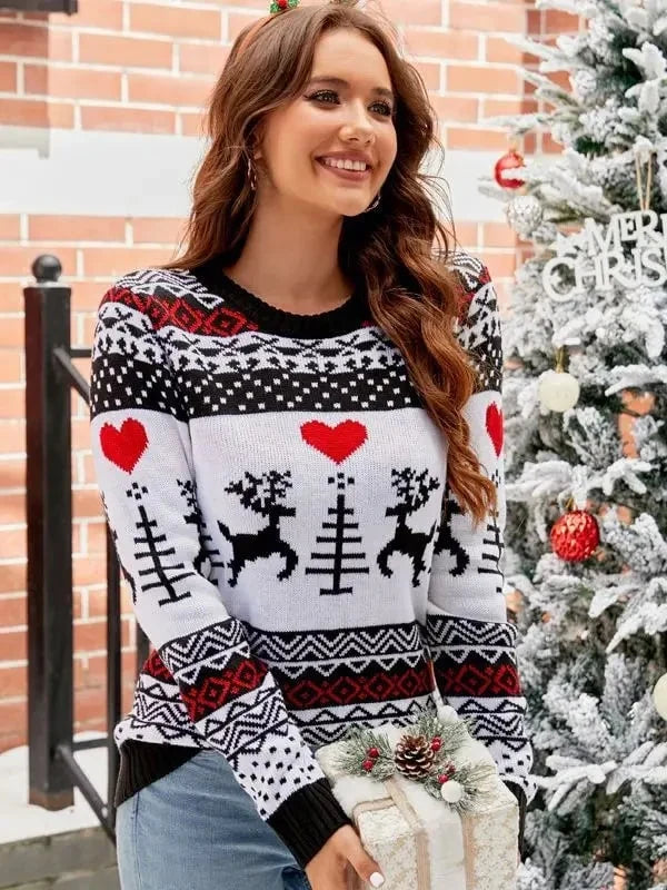 Women's Knit Animal Pattern Sweater – Crew Neck, Winter Style