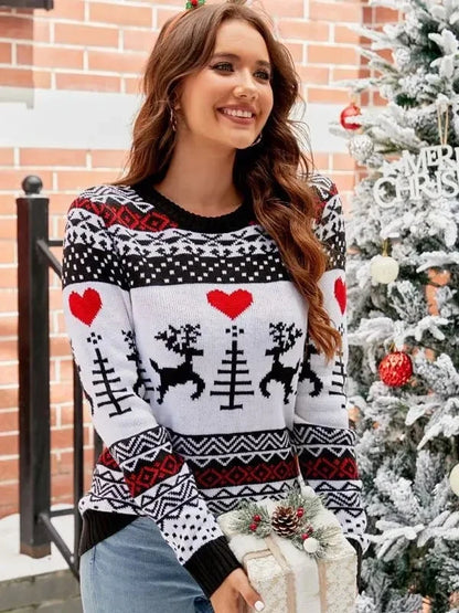 Women's Knit Animal Pattern Sweater – Crew Neck, Winter Style