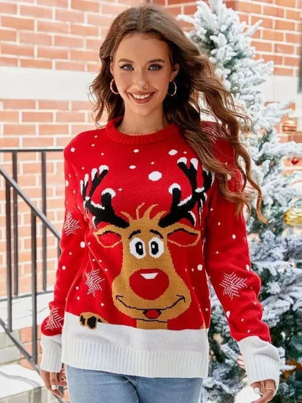 Women's Knit Animal Pattern Sweater – Crew Neck, Winter Style