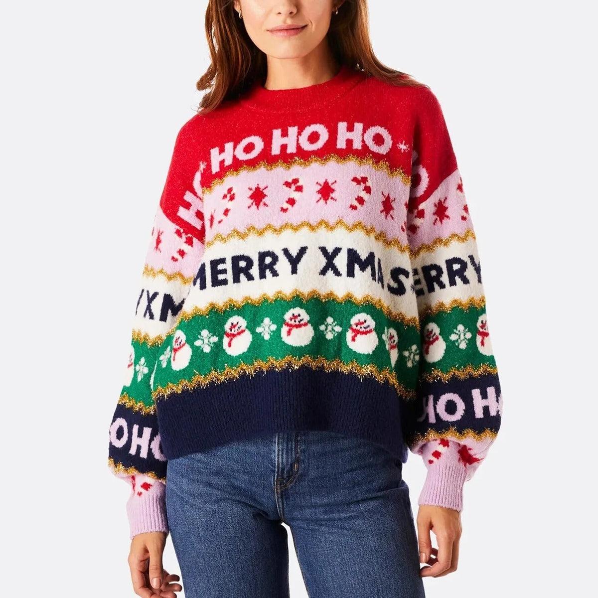 Women's Knitted Christmas Sweater – Colorful Ho, Merry Christmas and Snowflake Pattern Jumper
