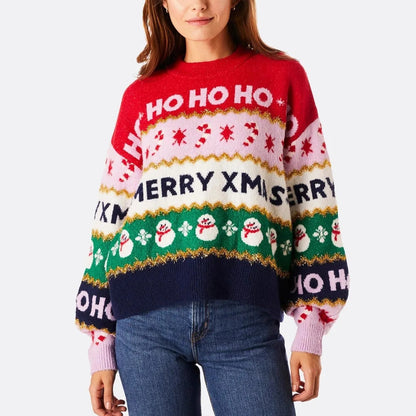 Women's Knitted Christmas Sweater – Colorful Ho, Merry Christmas and Snowflake Pattern Jumper