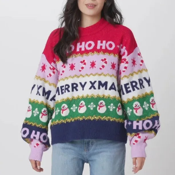 Women's Knitted Christmas Sweater – Colorful Ho, Merry Christmas and Snowflake Pattern Jumper