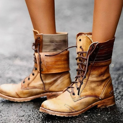 Women's Lace-Up Mid-Calf Foldover Combat Boots