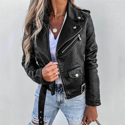 Women's Leather Jacket with Stand Collar and Belt