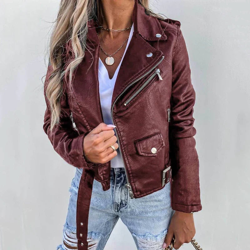 Women's Leather Jacket with Stand Collar and Belt