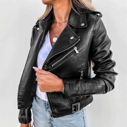 Women's Leather Jacket with Stand Collar and Belt
