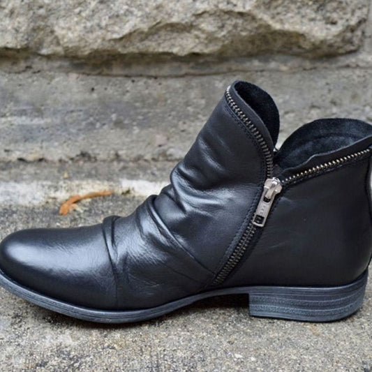 Women's Leather Side-Zip Ruched Ankle Boots