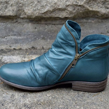 Women's Leather Side-Zip Ruched Ankle Boots