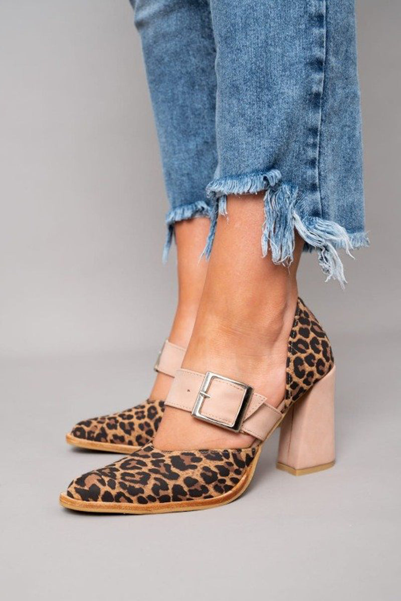 Women's Leopard Print Block Heel Pumps with Wide Buckle Strap