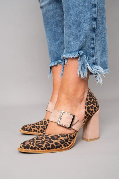 Women's Leopard Print Block Heel Pumps with Wide Buckle Strap