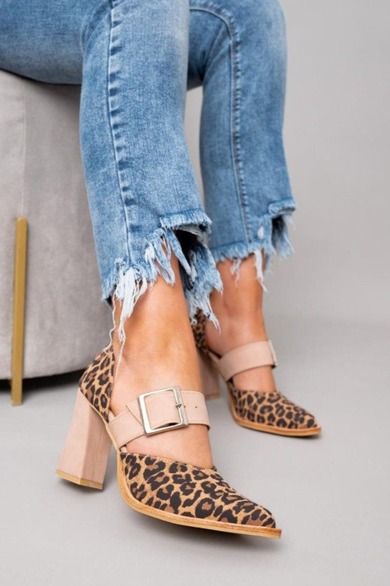 Women's Leopard Print Block Heel Pumps with Wide Buckle Strap