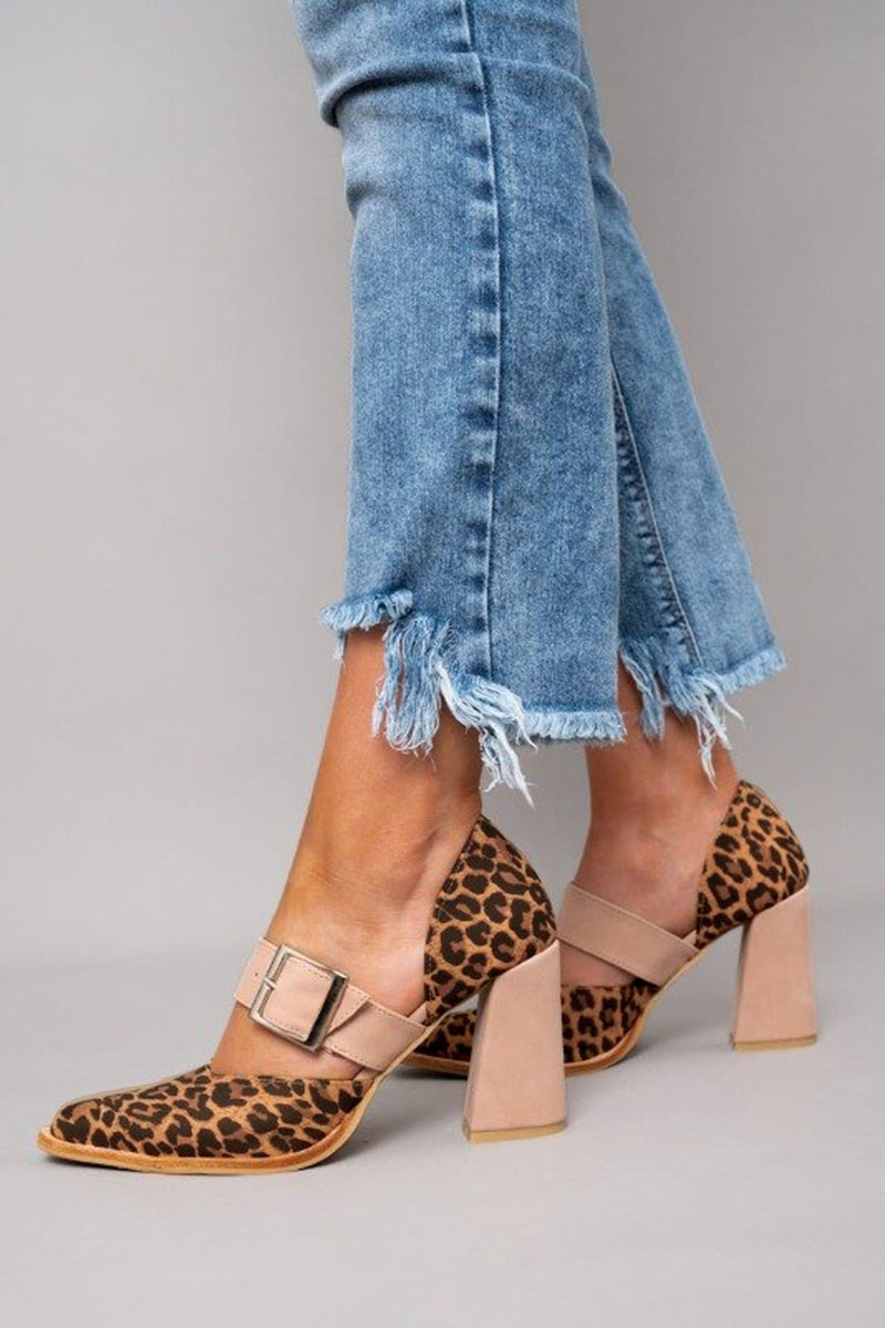 Women's Leopard Print Block Heel Pumps with Wide Buckle Strap
