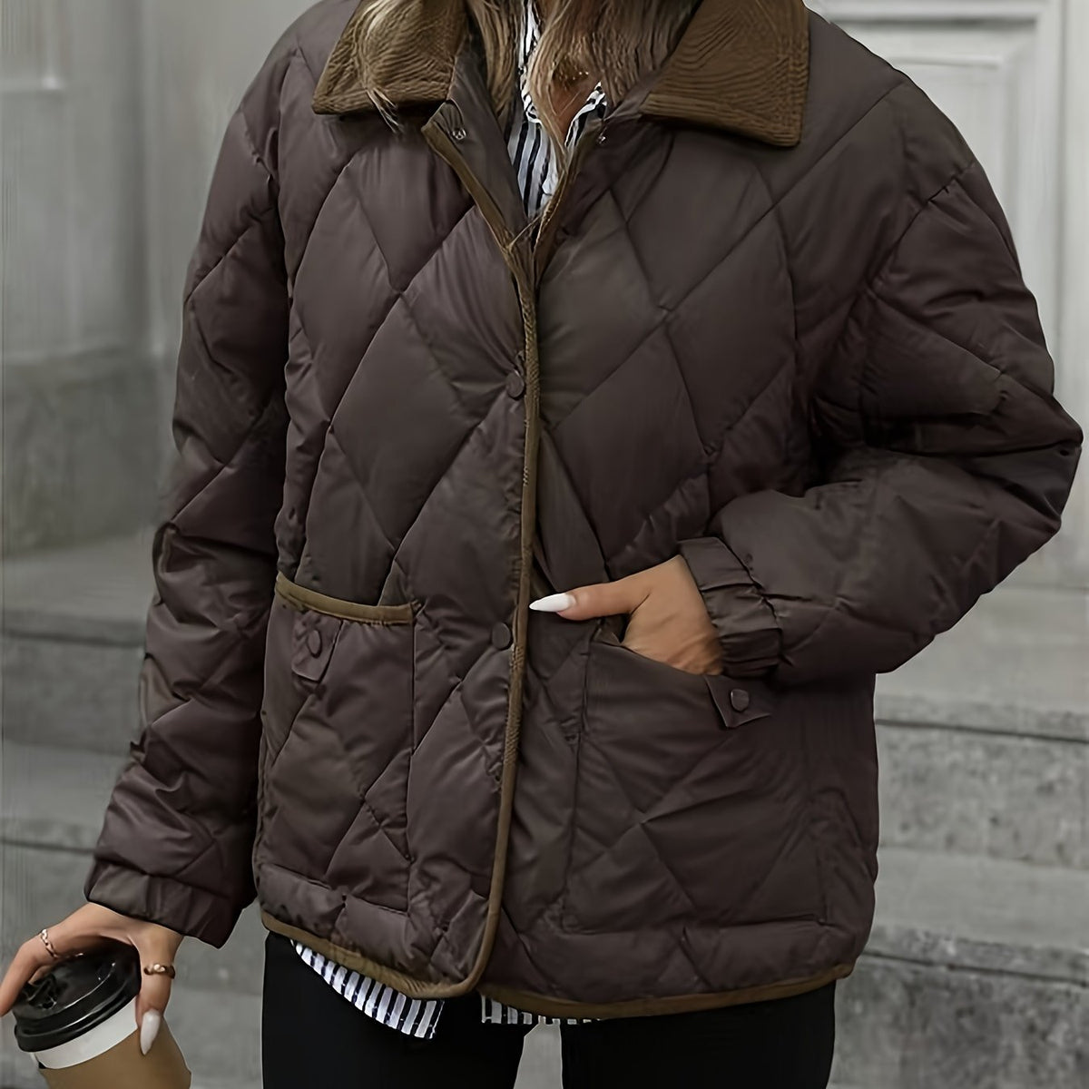 Women's Lightly Padded Diamond-Quilted Winter Jacket in Coffee Brown or Off-White