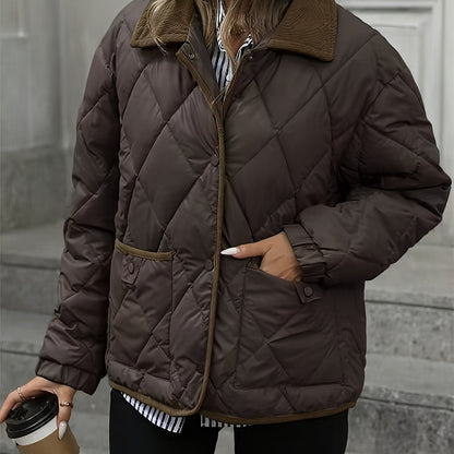 Women's Lightly Padded Diamond-Quilted Winter Jacket in Coffee Brown or Off-White