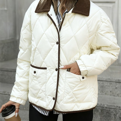 Women's Lightly Padded Diamond-Quilted Winter Jacket in Coffee Brown or Off-White