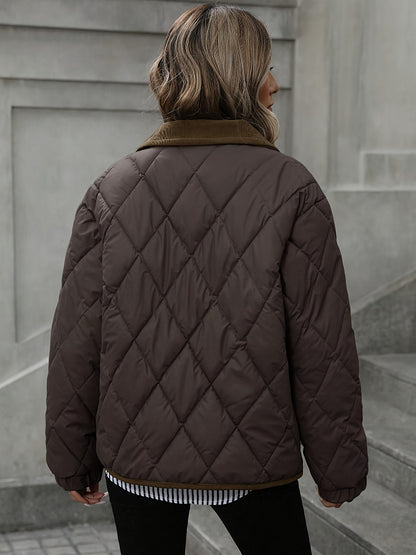 Women's Lightly Padded Diamond-Quilted Winter Jacket in Coffee Brown or Off-White