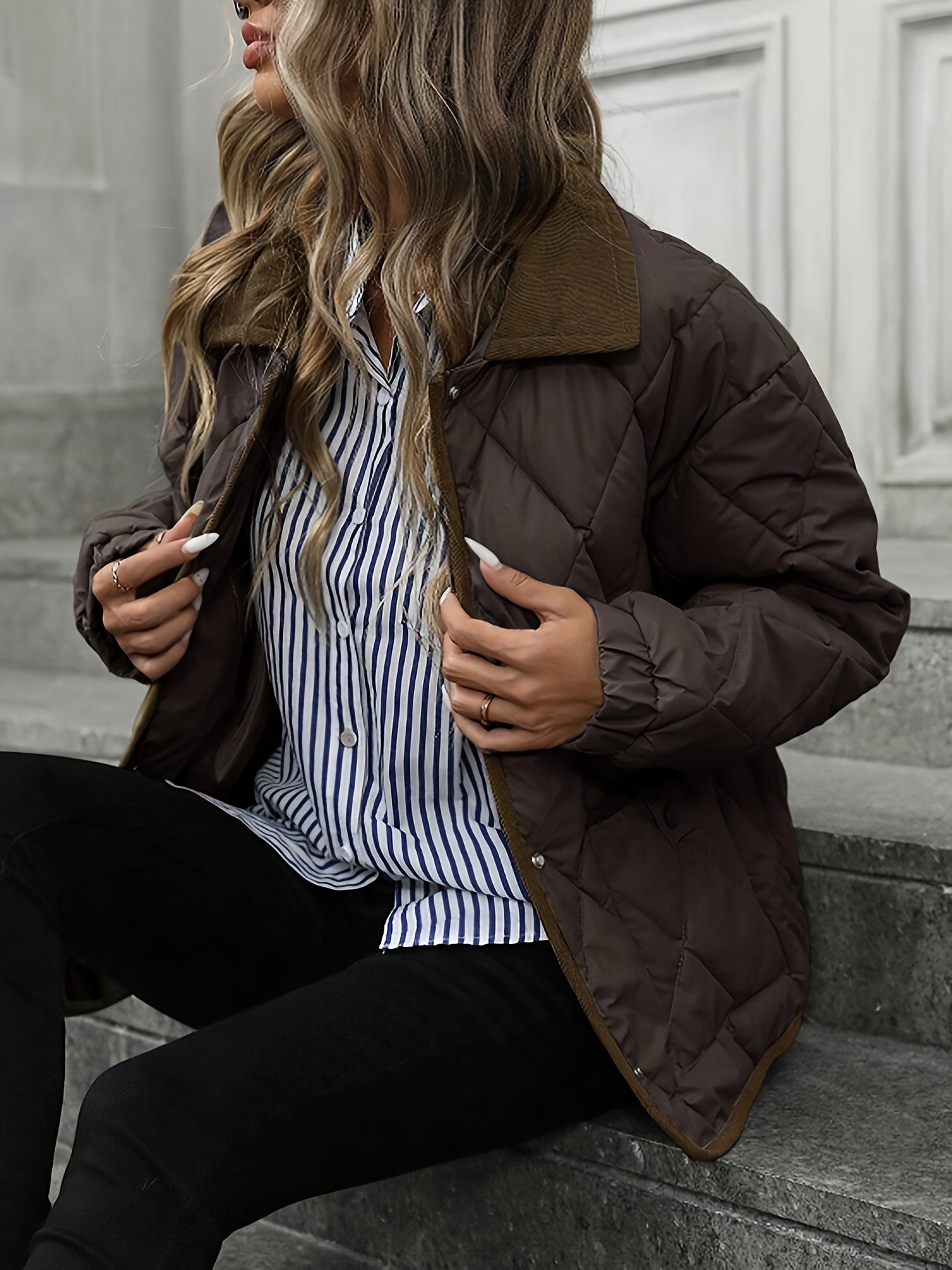 Women's Lightly Padded Diamond-Quilted Winter Jacket in Coffee Brown or Off-White