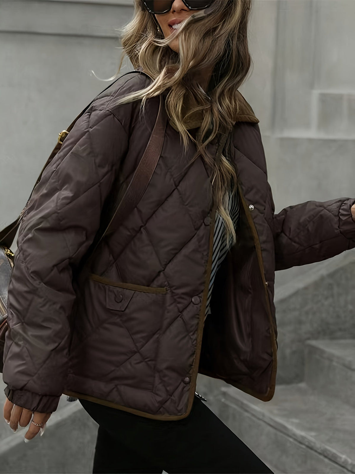 Women's Lightly Padded Diamond-Quilted Winter Jacket in Coffee Brown or Off-White
