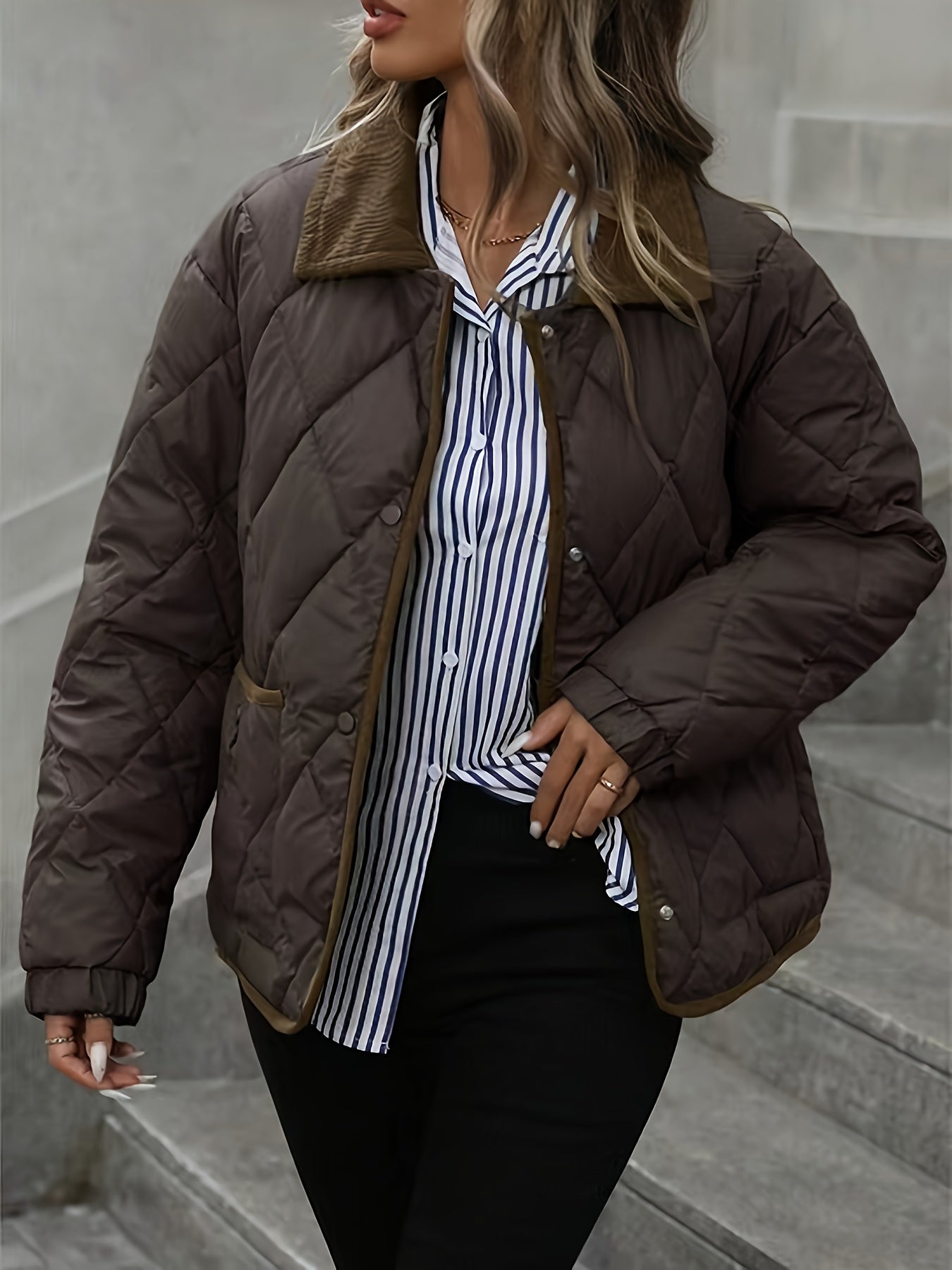 Women's Lightly Padded Diamond-Quilted Winter Jacket in Coffee Brown or Off-White